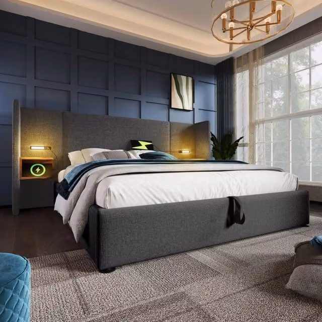 Letto matrimoniale 180x200 letto contenitore idraulico con testiera; lampada da lettura e ricarica USB Type-C; grigio in lino