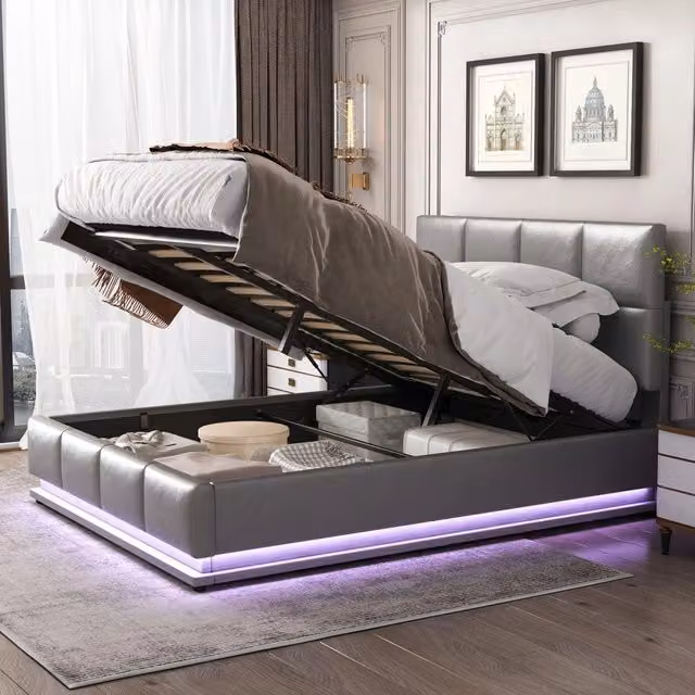 Letto imbottito contenitore 140x200 ¨C Minimal ¨C Grigio similpelle con LED idraulico rete a doghe