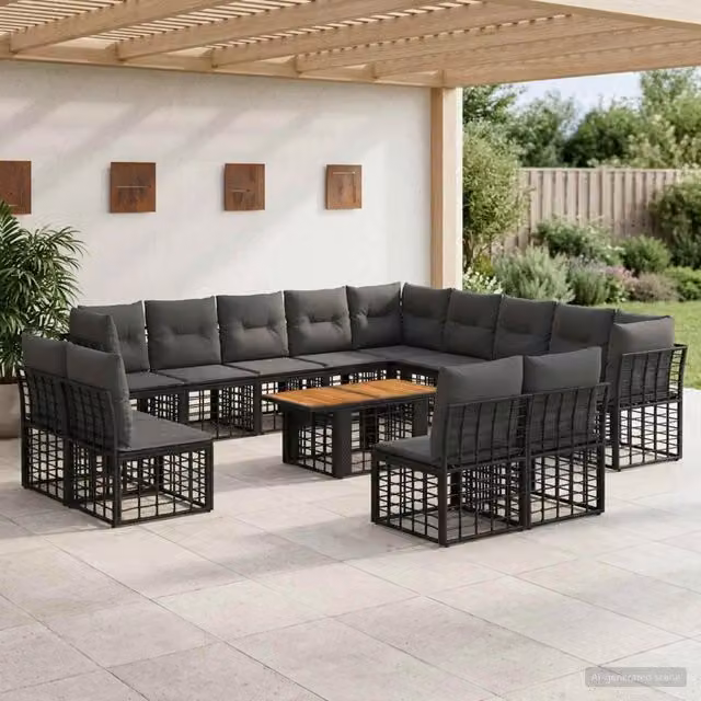 Set Divano da Giardino vidaXL 14 Pezzi a Forma di U in Polyrattan con Tavolino e Cuscini, Nero e Grigio