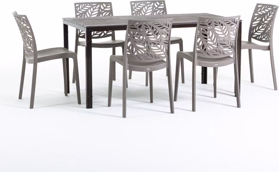 Set da pranzo per esterni con tavolo rettangolare 156x78 cm e 6 sedie impilabili in resina rinforzata con fibra di vetro - design moderno in look legno, ideale per giardino, terrazza e aree esterne coperte - THOMAS+DAFNE - Tortora/Mocha