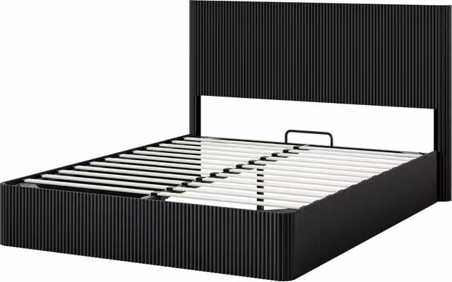 Letto contenitore matrimoniale moderno nero con rete sollevabile e testiera in tessuto, L/P/H: 160 x 200 x 113,5 cm