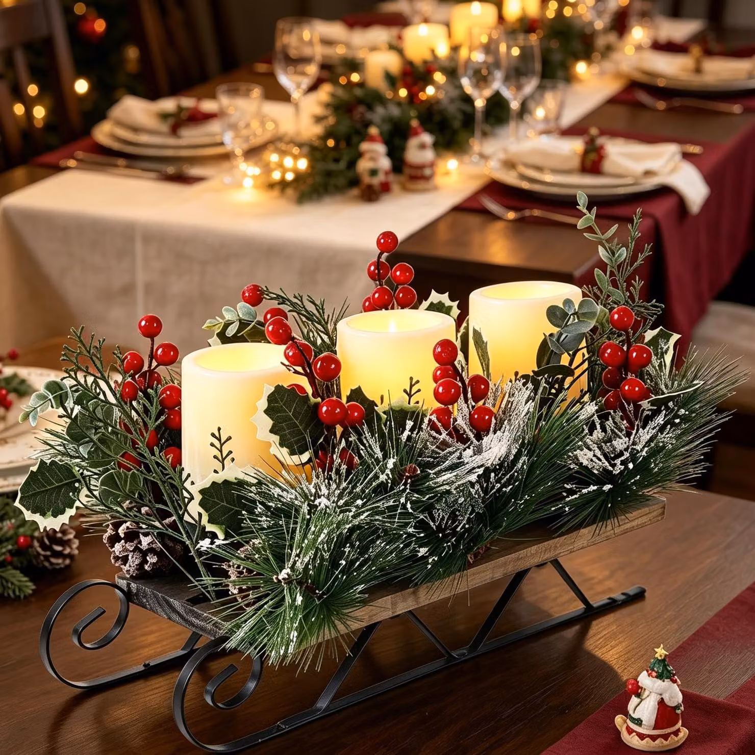 Pezzo di arredo a forma di slitta, con 3 candele LED che simulano la fiamma tremolante, dimensioni 38 cm