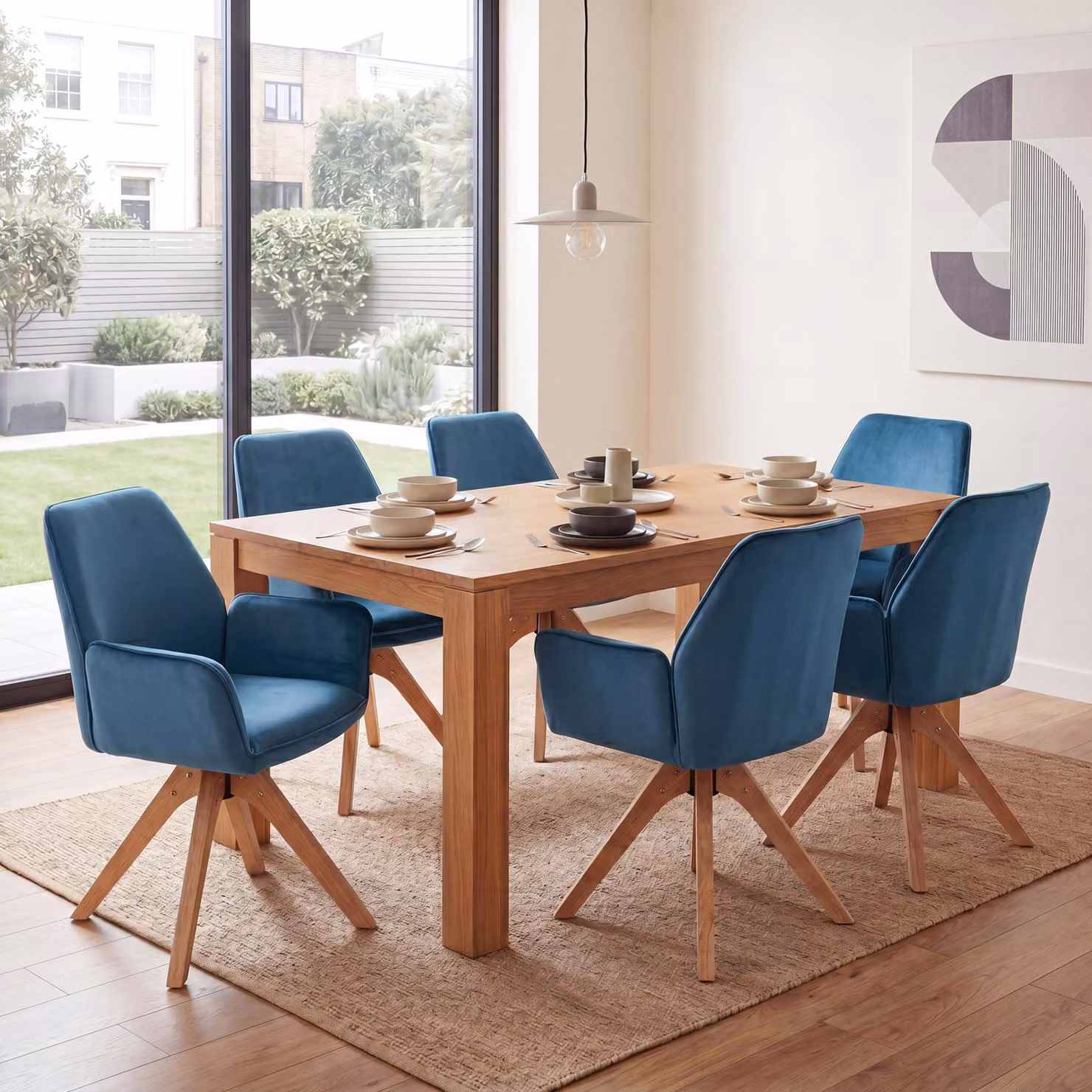 Set da 6 sedie da pranzo HWC-G67, sedie da tavolo da pranzo e da cucina con braccioli, girevoli, in legno e velluto 320 g/m², MVG ~ blu turchese