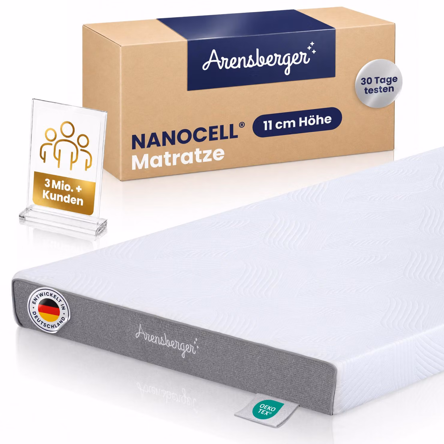 ARENSBERGER LINA, materasso in schiuma di gel 90x200 cm - Schiuma di gel NANOCELL® da 11 cm - Durezza H3 - Traspirante - Sfoderabile 240g/m²