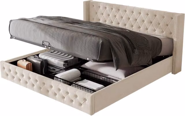 Letto matrimoniale imbottito 140x190 con contenitore e sollevamento idraulico, letto in velluto beige con testiera capitonn¨¦