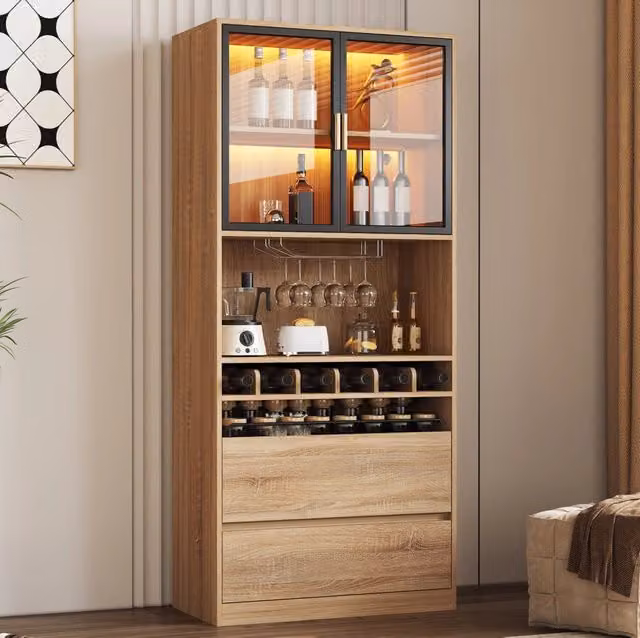Vetrina con ante in vetro; LED e portabicchieri removibile in MDF naturale HOMVRA