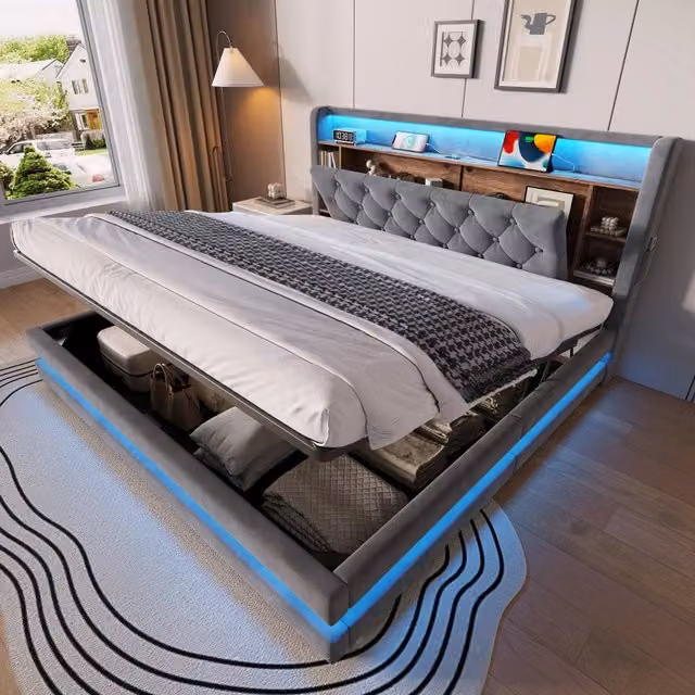 Desviae Letto matrimoniale imbottito 180 × 200 cm con contenitore LED USB Type-C velluto grigio scuro rete a doghe