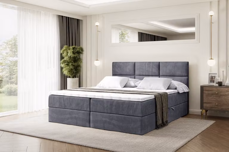Letto boxspring ALTDECOR con materasso (altezza 20 cm) e topper (altezza 5 cm), letto imbottito con testiera e contenitore - OHIO - 180x200 - H3/Velluto grigio scuro