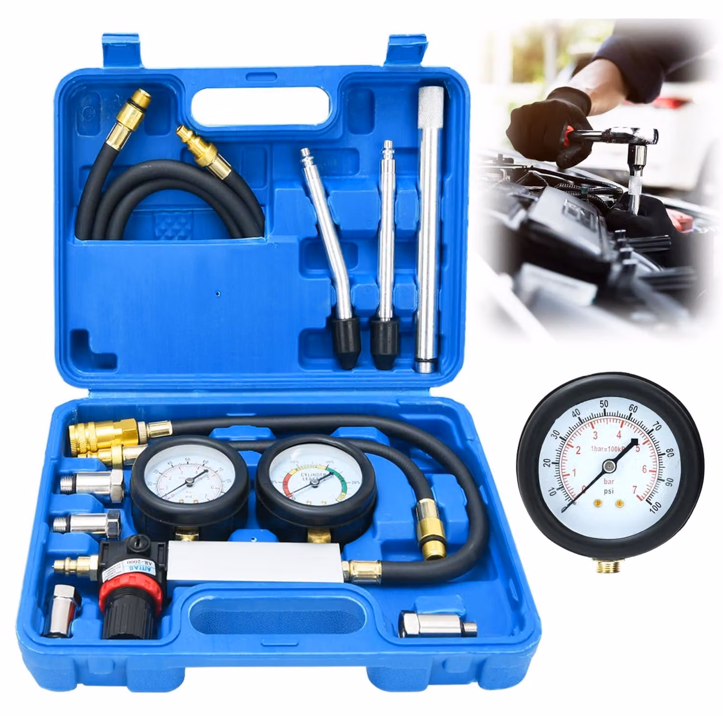 Kit per test di compressione motore, include manometro e strumenti per verificare la tenuta del circuito di compressione