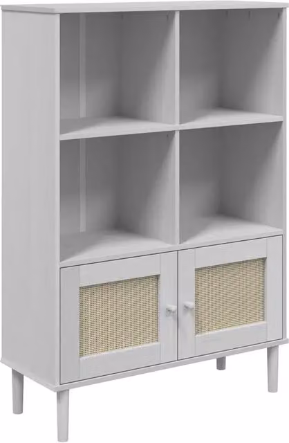 Credenza Buffet Senja in Legno di Pino Massello e Rattan Bianco L 90 x P 35 x H 130 cm – 1