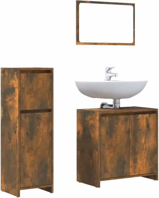 Set Mobili da Bagno Moderno in Legno Rovere Fumo Marrone composto da Base Lavabo, Pensile e Armadietto Specchio L/P/H: 60 x 33 x 95 cm – 1