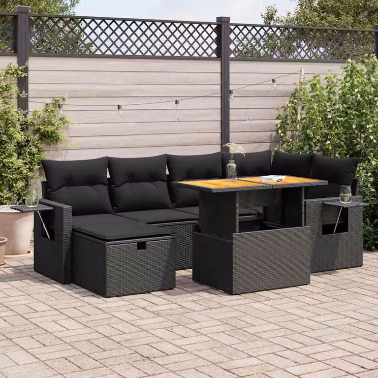 Set da giardino moderno vidaXL in polyrattan nero con cuscini e tavolino da esterno a forma di L per 8 persone