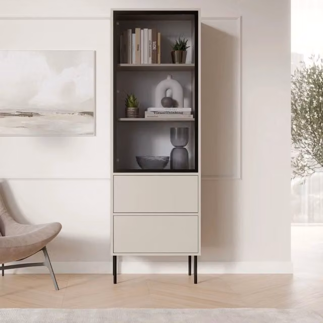 Vetrina Espositore DMORA con Ante in Vetro e Ripiani Interni, Beige e Nero, L 60 cm x P 40 cm x H 185 cm – 1