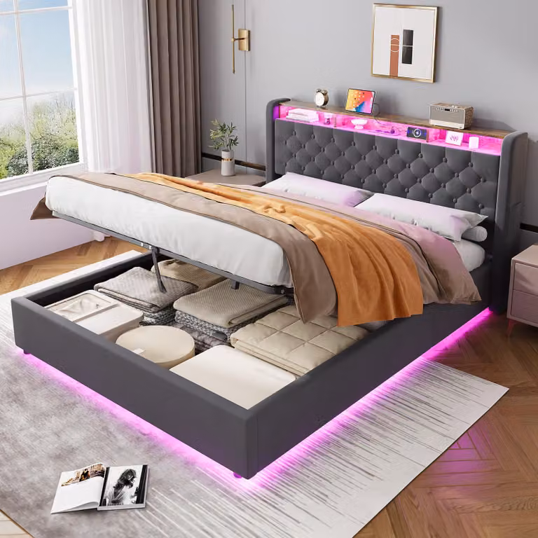 Letto imbottito MODFU 160x200 con contenitore, letto matrimoniale con testiera dotata di contenitore, luci LED e presa elettrica, materasso escluso, grigio scuro