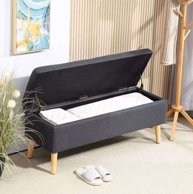 Panca contenitore 110x39x45 cm grigio scuro, seduta ribaltabile, poliestere e legno