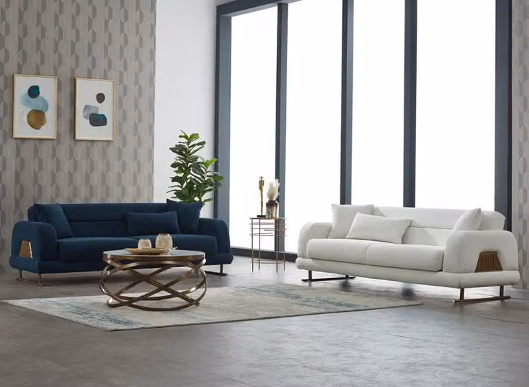 Komplette Couch Dreisitzer Sofa 3 Sitz Stoffsofa Polstersofa Blau Weiß