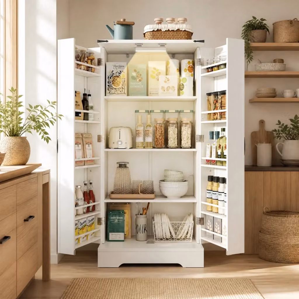 Credenza da cucina e soggiorno in MDF con illuminazione LED e ripiani interni, bianca, L/P/H: 60 x 35 x 128,5 cm – 2