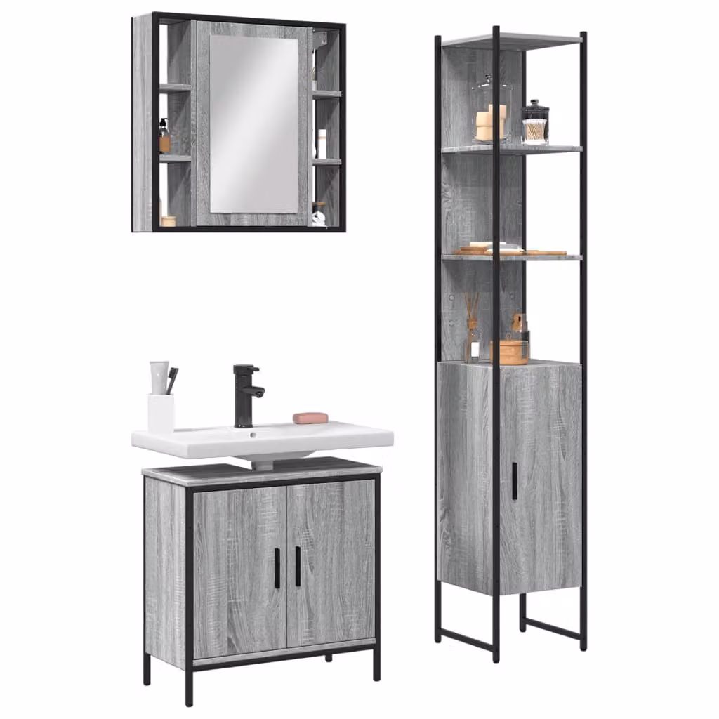 Set di mobili da bagno vidaXL 3 pezzi grigio moderno con armadietto specchio, mobile lavabo e colonna alta