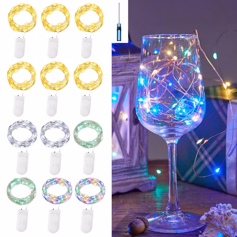 Catena luminosa, set da 12 luci, 2 metri, 20 LED, luce bianco caldo, alimentazione a batteria
