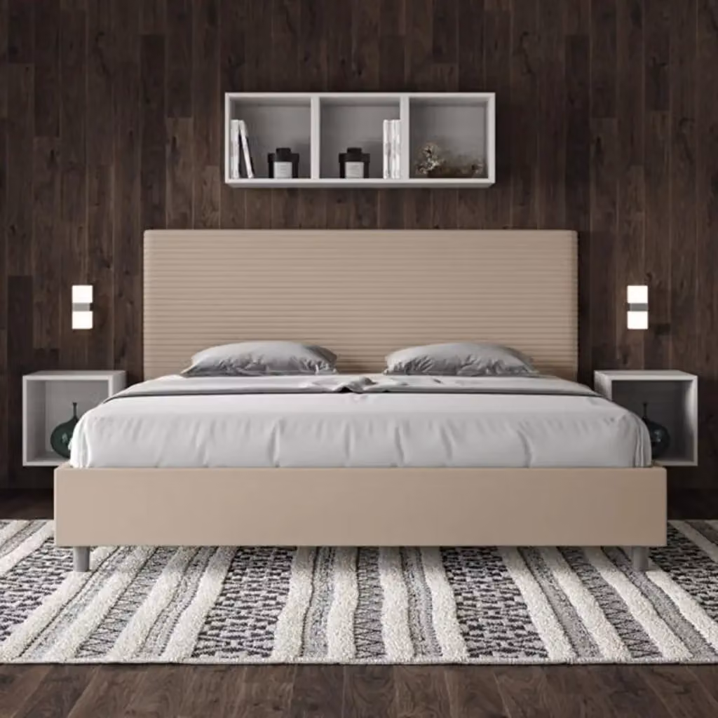 Letto matrimoniale king size con contenitore Ityhome Focus imbottito in similpelle beige L/P: 200 x 200 cm – 2