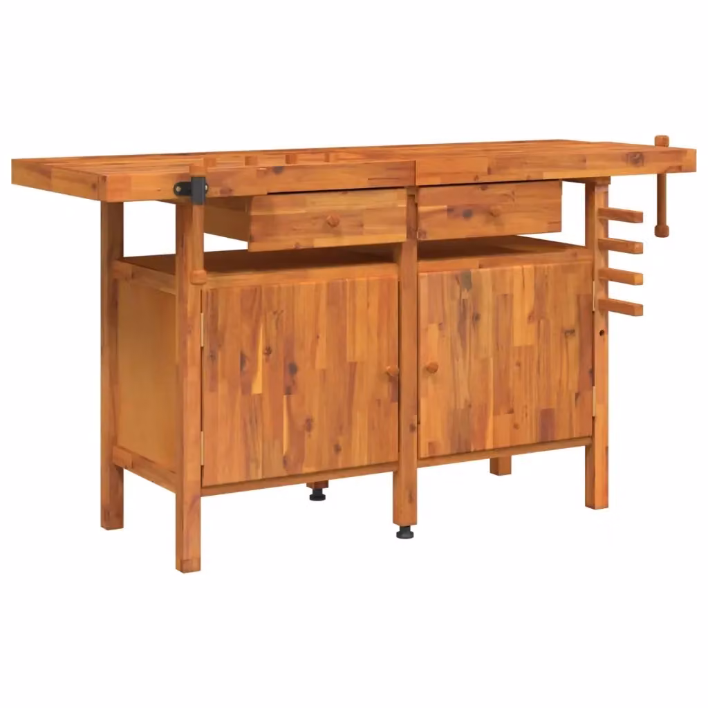 Banco da lavoro vidaXL con cassetti e morsa in legno di acacia marrone L/P/H: 162 x 62 x 83 cm – 2