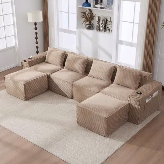 Divano modulare a L WISHDOR in velluto a coste verde e beige con portabicchieri e 2 pouf coordinati L 330 x P 162 x H 78,2 cm