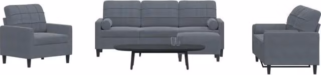 Set di divani moderno vidaXL in velluto grigio composto da 2 divani a 3 posti, 1 divano a 2 posti e 1 pouf con cuscini coordinati