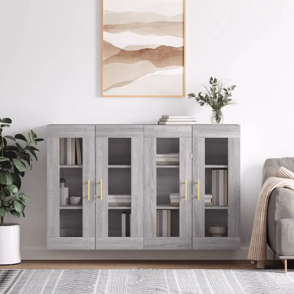 Set di 2 armadietti a parete vidaXL in legno e vetro con ante in vetro, colore grigio, stile minimalista