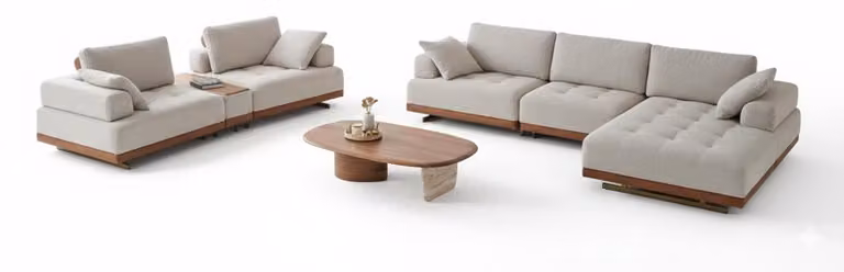 Divano moderno per soggiorno, 4 posti, con tavolino abbinato, colore beige, struttura in legno