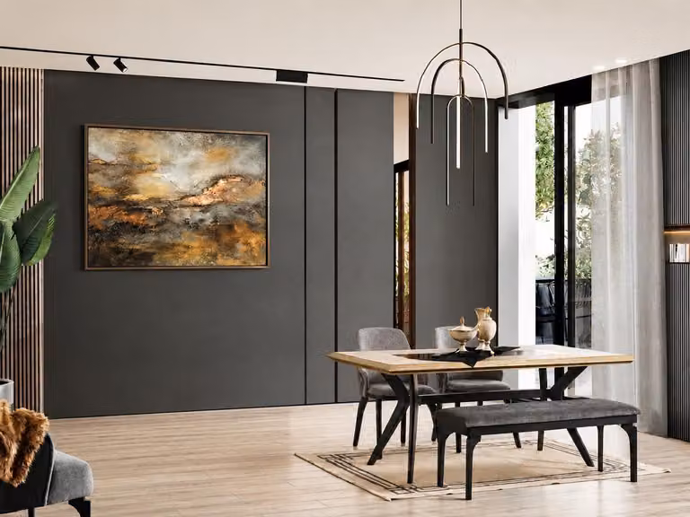 Set per sala da pranzo: tavolo, panca, 2 sedie, colore marrone e nero, materiale: legno