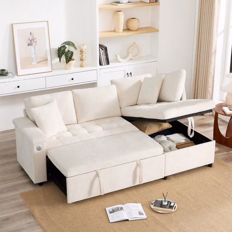 Divano angolare Merax, divano a L con funzione letto, box letto, 3 cuscini, USB, divano letto, divano letto, divano da salotto, soffa, ciniglia, beige
