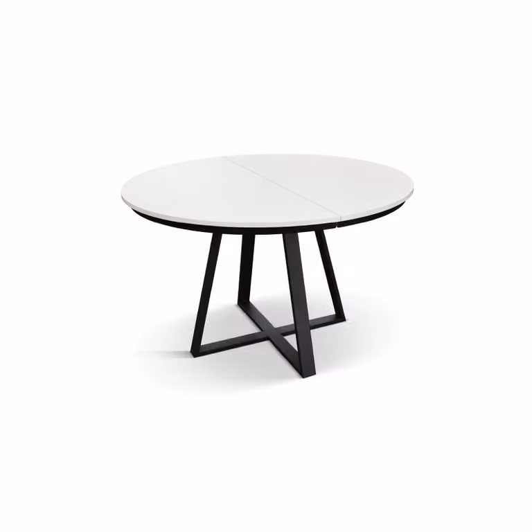 Tavolo rotondo PANTELLERIA in legno effetto bianco frassinato con base a X in metallo antracite, allungabile ⌀120 cm – 170 cm