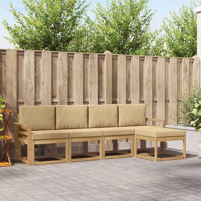 Set di divani da esterno a L vidaXL in legno di acacia con pouf e cuscini, Bianco e Beige