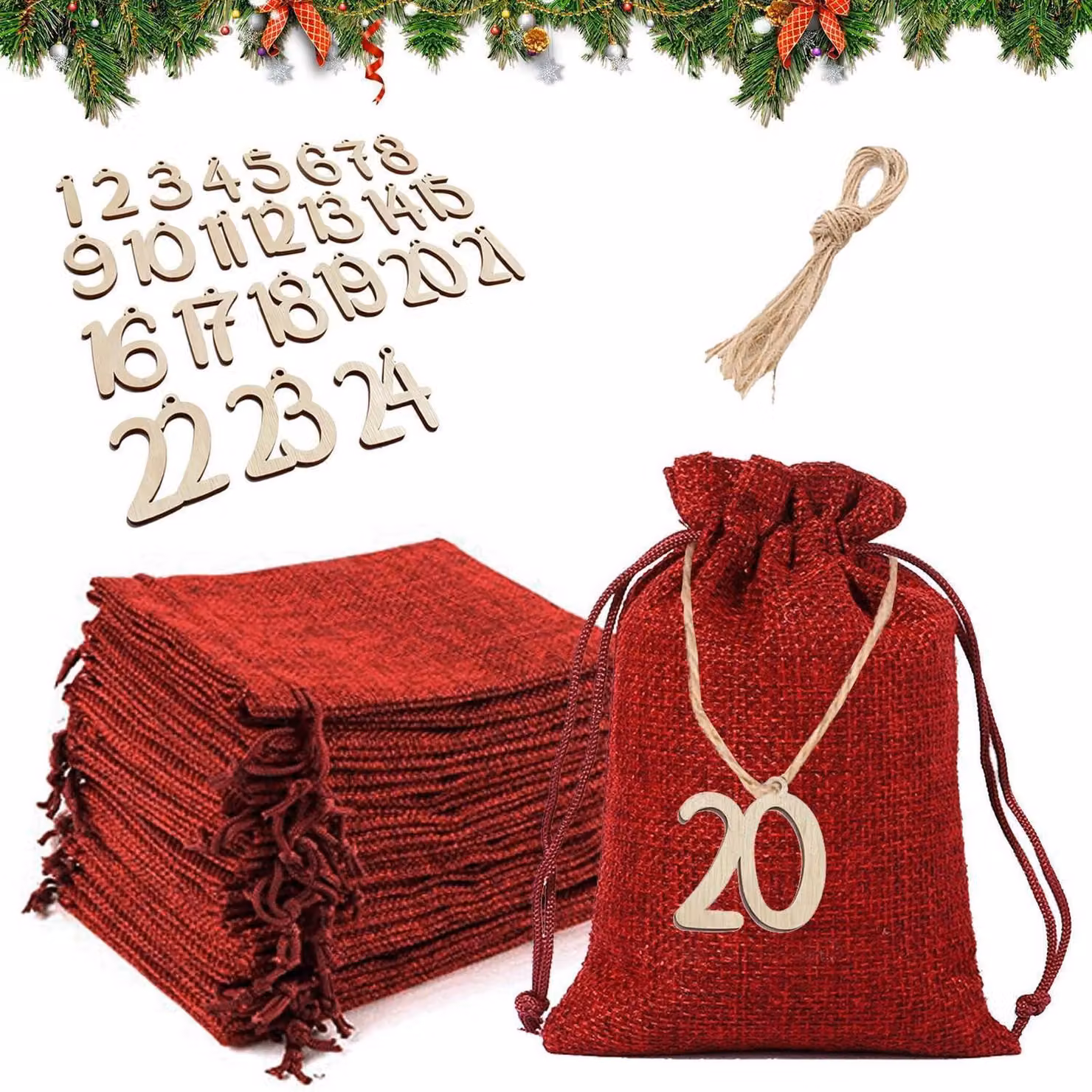 24 sacchetti di juta rossi, dimensioni 10x14 cm, ideali per riempire calendari dell'Avvento