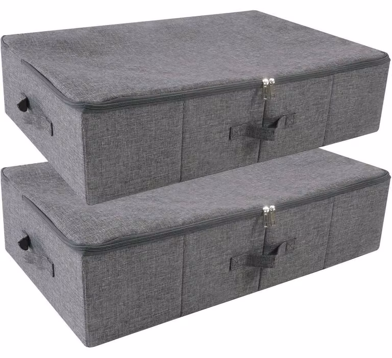 Contenitori pieghevoli per sottoletto, confezione da 2, con cerniera, antipolvere, lavabili, colore nero e grigio, dimensioni 70x40x18 cm