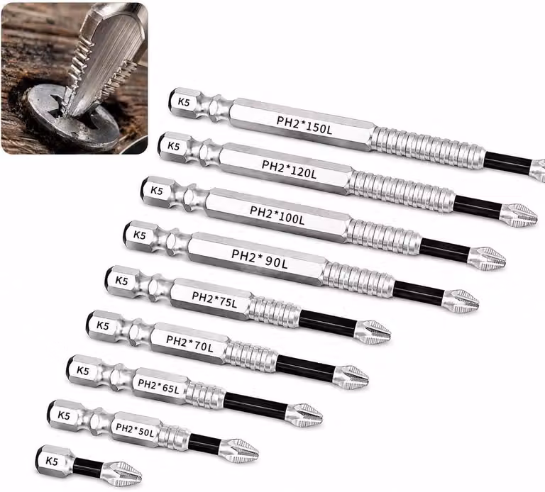 Set di punte per cacciavite a croce PH2, composto da 9 pezzi, con magnete, in acciaio K5, con rivestimento antiscivolo per avvitatori elettrici