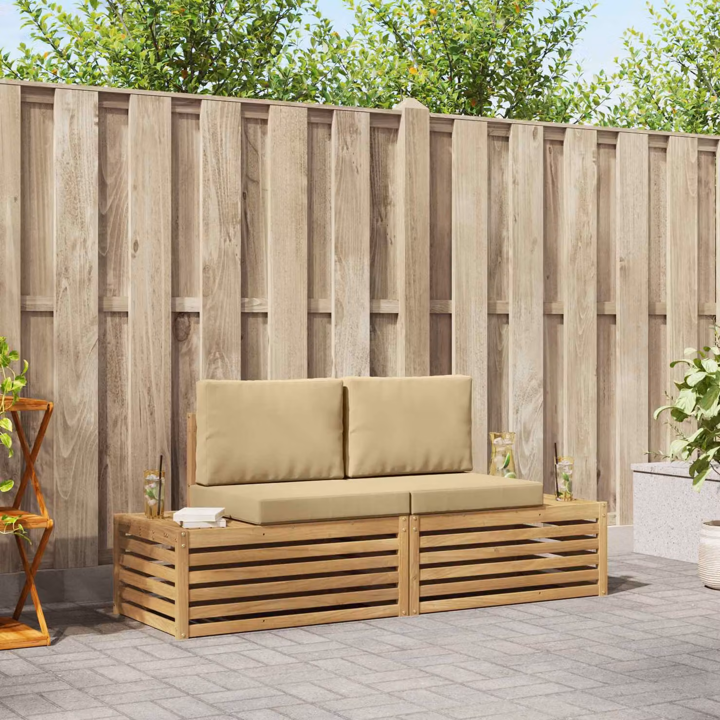 Set di divani da giardino vidaXL in legno di acacia con cuscini, marrone e beige, L: 182,5 cm, P: 63 cm, H: 73 cm
