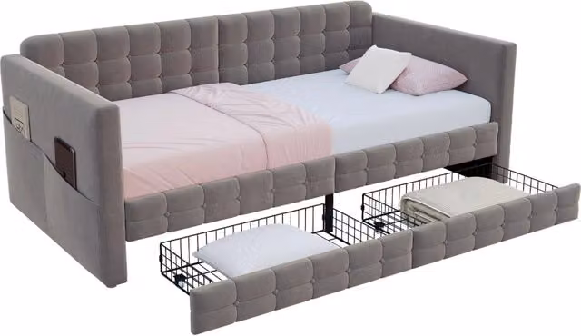 Letto imbottito 90x190 cm con testiera capitonné, tasche laterali, 2 cassetti e rete a doghe, in velluto grigio, per camera ospiti e piccoli spazi