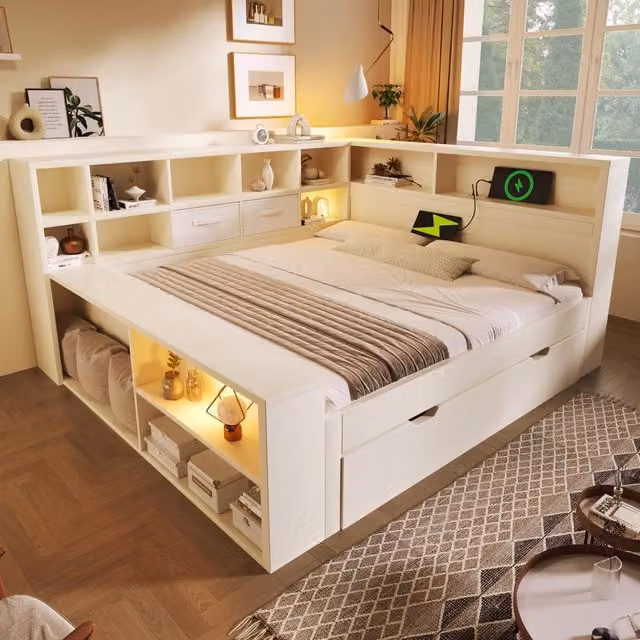 Letto estraibile 140 × 200 cm e 90 × 190 cm, 8 vani contenitore, 3 USB e 1 Type-C, senza materasso, bianco