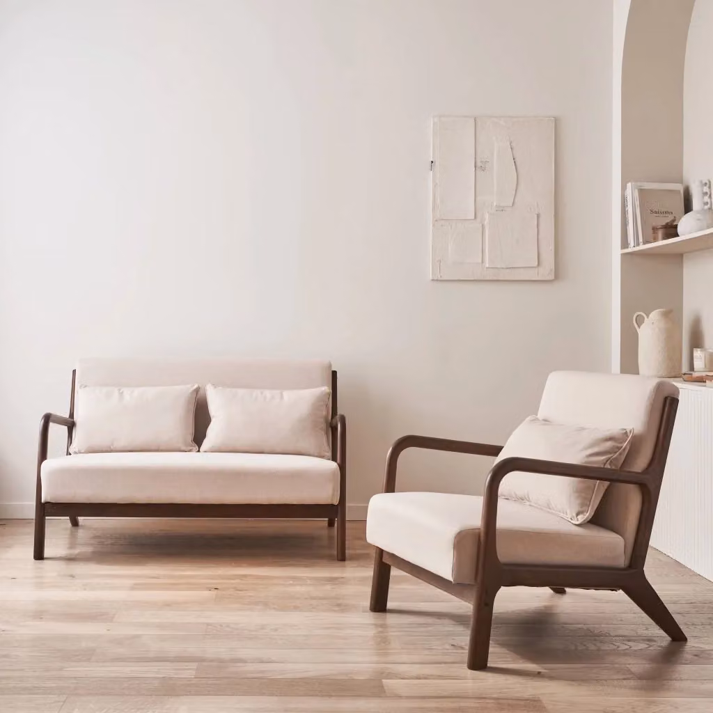Set panca da 2 posti e poltrona in legno di hevea stile scandinavo Sweeek, beige – 2