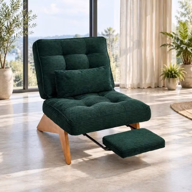 Poltrona reclinabile ULEVR 127x73x90 cm in velluto a coste verde smeraldo con cuscino lombare e gambe in legno