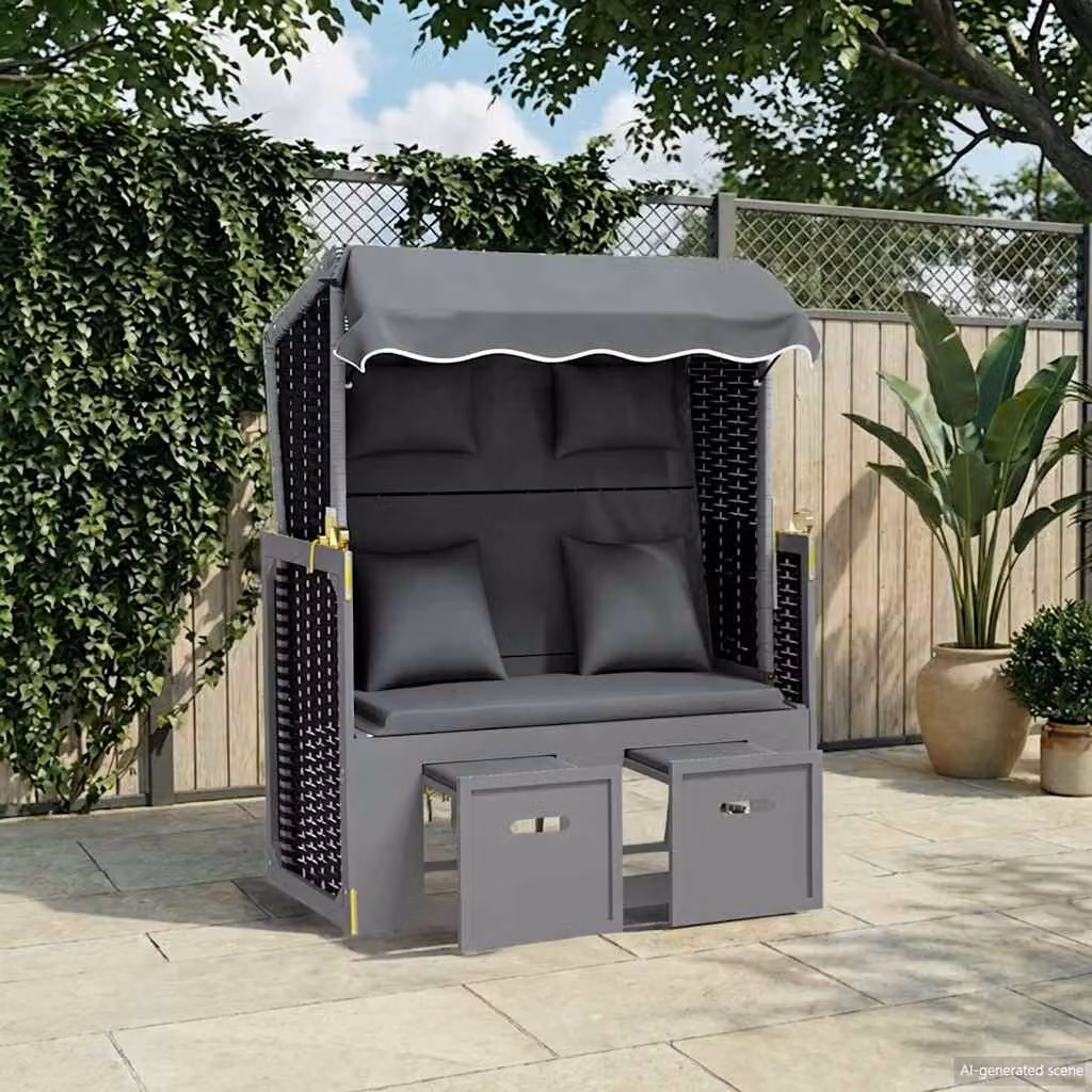 vidaXL Strandkorb in Polyrattan e Legno Massello con Cuscini e Tendalino, Antracite e Nero
