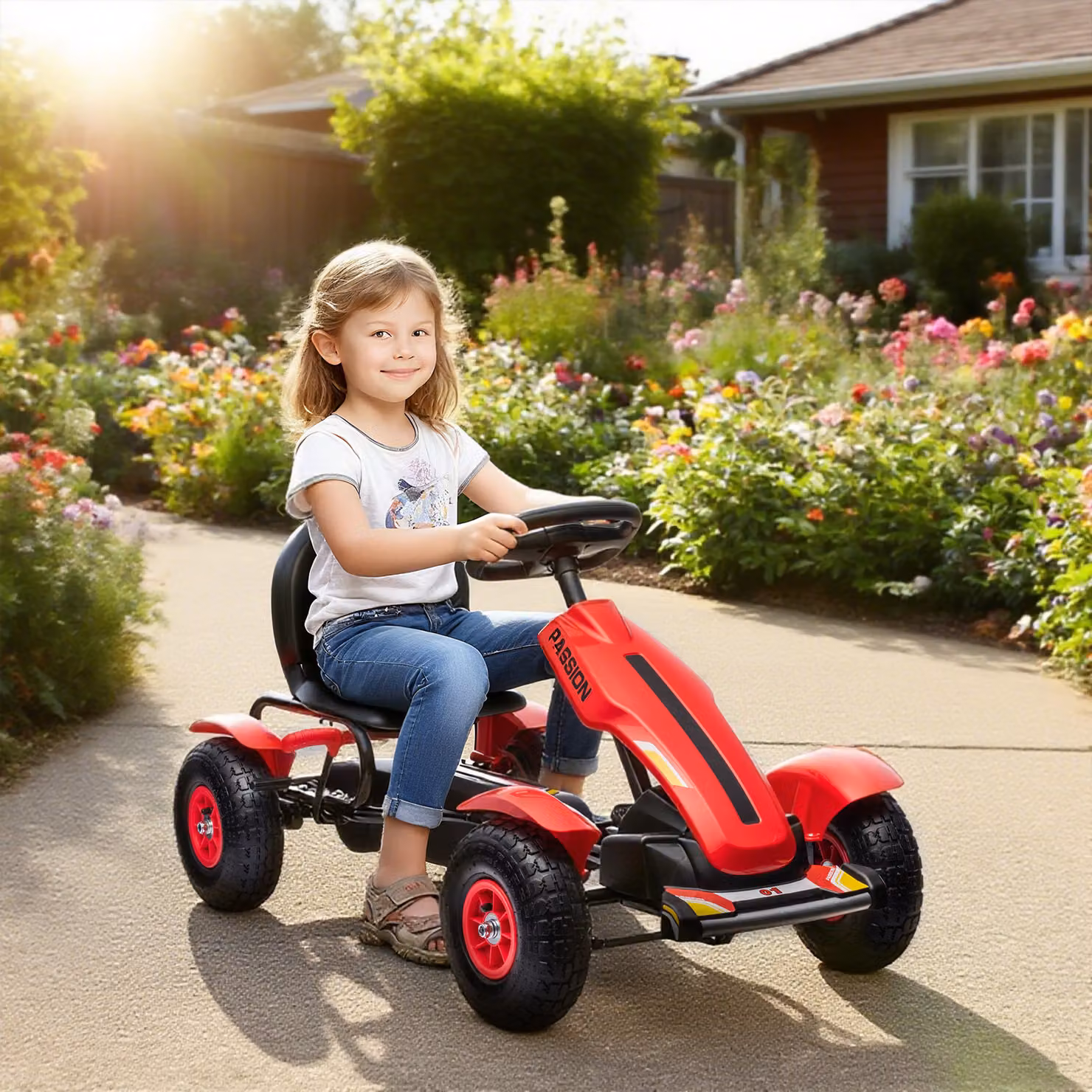 Go Kart a Pedali HOMCOM per Bambini 5-12 Anni con Sedile Regolabile e Freno a Mano, Rosso, L 121 x P 58 x H 61 cm – 2