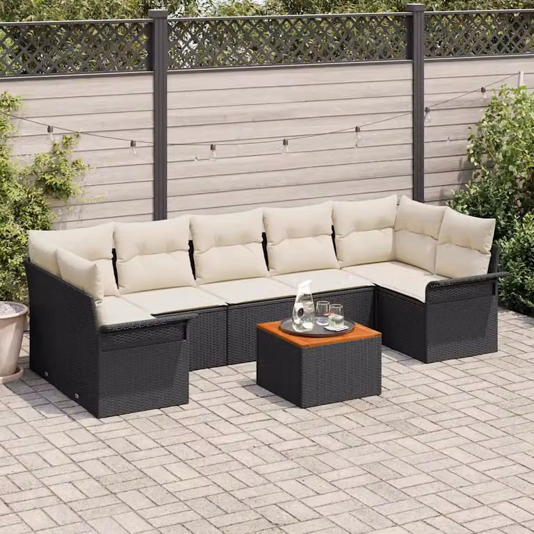 Set Divano da Giardino vidaXL 8 Pezzi a Forma di L con Tavolino, Colore Nero e Beige
