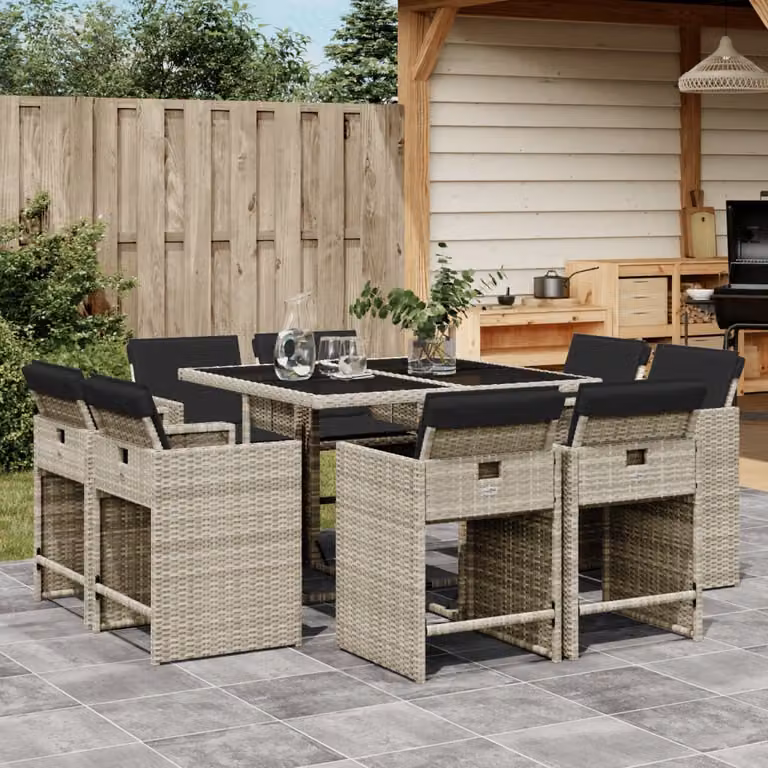 Set Pranzo da Giardino vidaXL in Polyrattan con Cuscini e Tavolo in Vetro, 9 Pezzi, Grigio Antracite