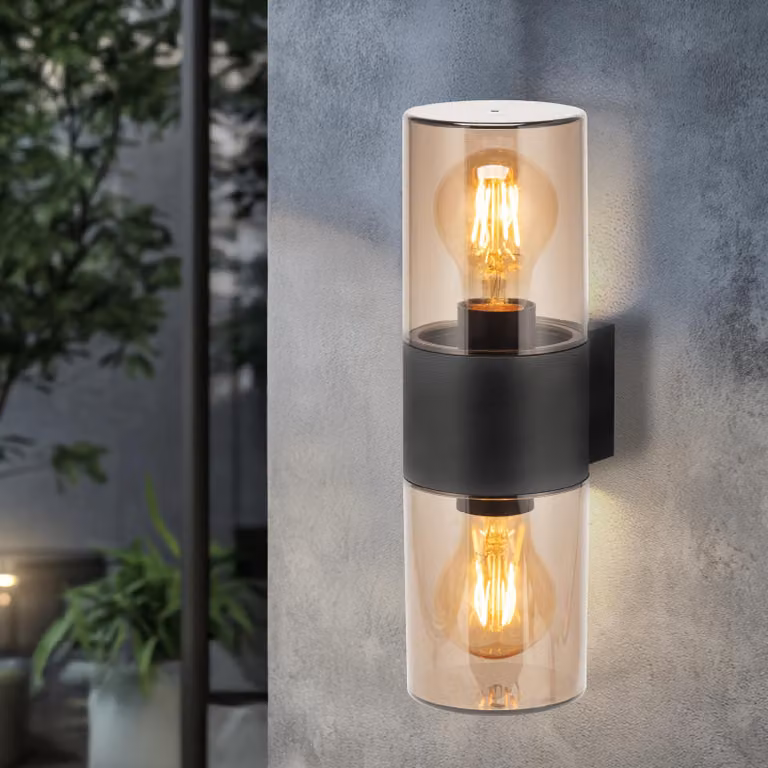 Lampada da parete, 2 attacchi E27, grado di protezione IP54, alluminio grigio, dimensioni 90x116x292 mm, per uso esterno