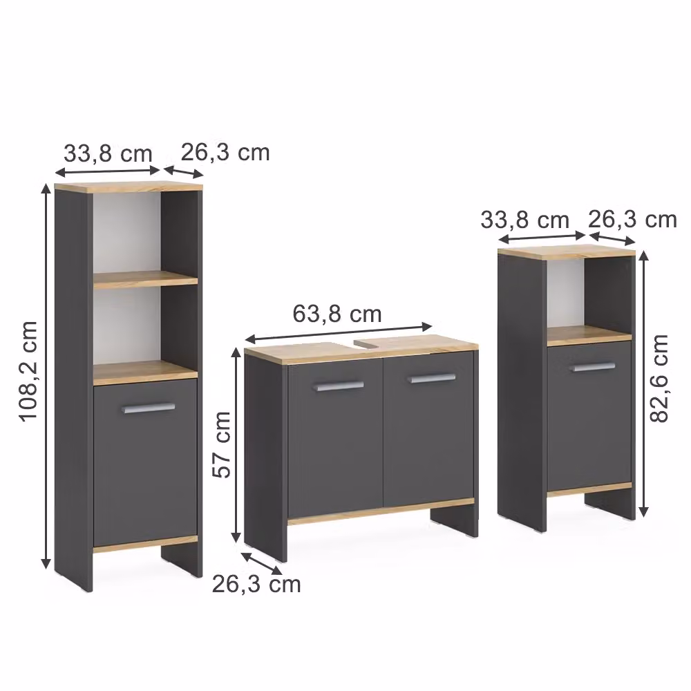 Set di mobili da bagno Vicco Karli composto da 3 pezzi in antracite e rovere con base lavabo, mobileto laterale e pensile a muro – 2