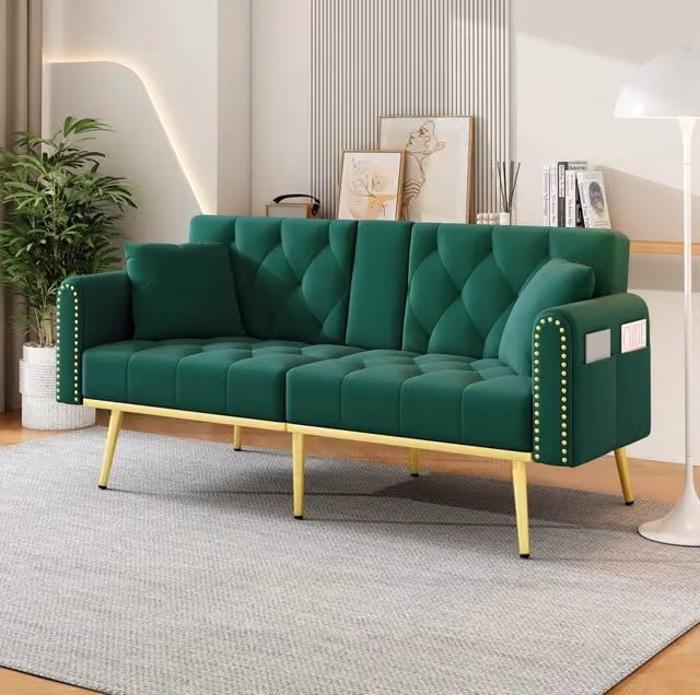 Divano letto ULEVR 175x80x73,5 cm verde in velluto con schienale regolabile a 3 posizioni e portabevande