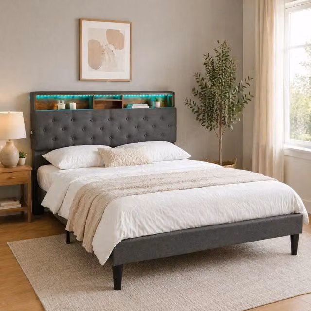 Letto matrimoniale con testiera contenitore LED e materasso 140x200 cm; grigio