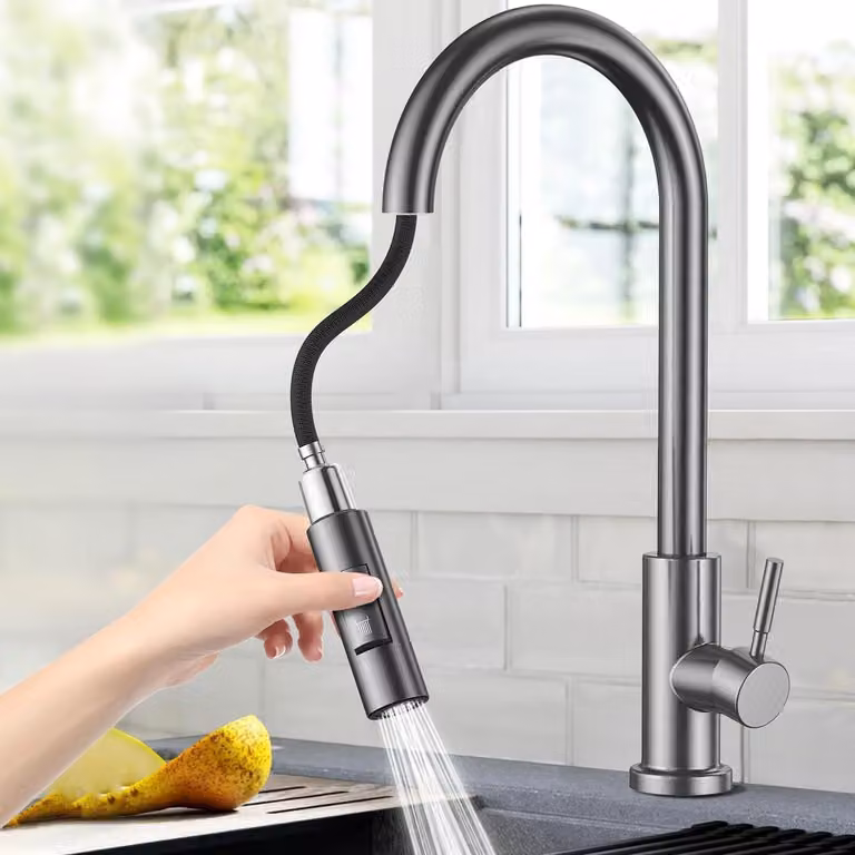 Miscelatore da cucina con doccetta estraibile, 2 funzioni, girevole a 360°, colore grigio